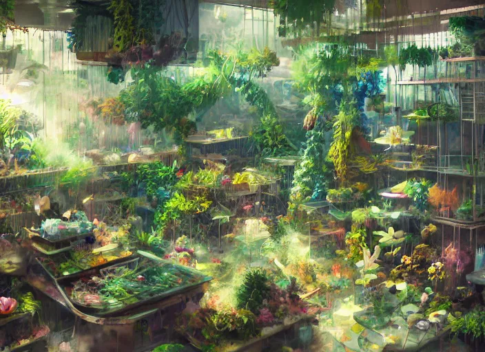 Image similar to messy cozy store with cluttered hanging cages and bright aquariums, dense verdant foliage, dim painterly lighting volumetric aquatics, impasto, trending on pixiv