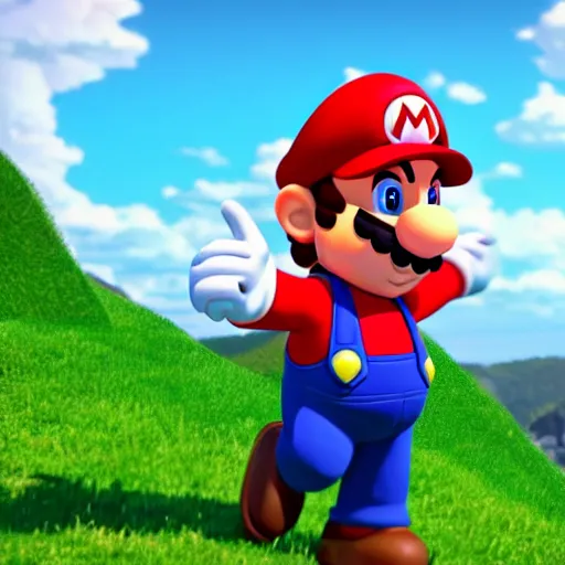 Prompt: a wholesome animation key shot of mario on a hill, fluffy pink anime clouds, studio ghibli, pixar animation, sharp, rendered in unreal engine 5, anime key art, bloom, dramatic lighting