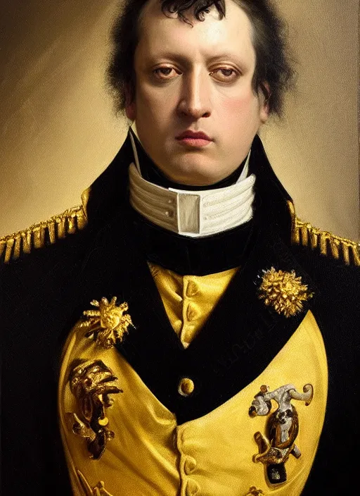 Image similar to highly detailed oil painting | very intricate | cinematic lighting | black, white and gold color scheme, dark background | emperor napoleon by alexander mcqueen | by roberto ferri, by tom bagshaw, by singer sargent and klimt, american romanticism, occult art | by austin osman spare, artstation, cgsociety, official art, octane