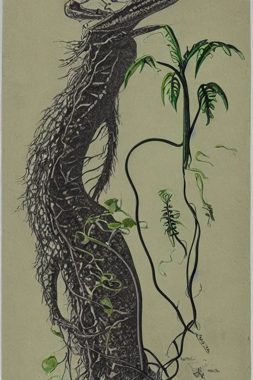 Prompt: a carnivorous plant with a long vine and the head of a alligator, vicious snapping alligator plant, side view of a plant showing roots stem and bud, plant photograph showing roots underground and plant aboveground, cutout photograph of a plant