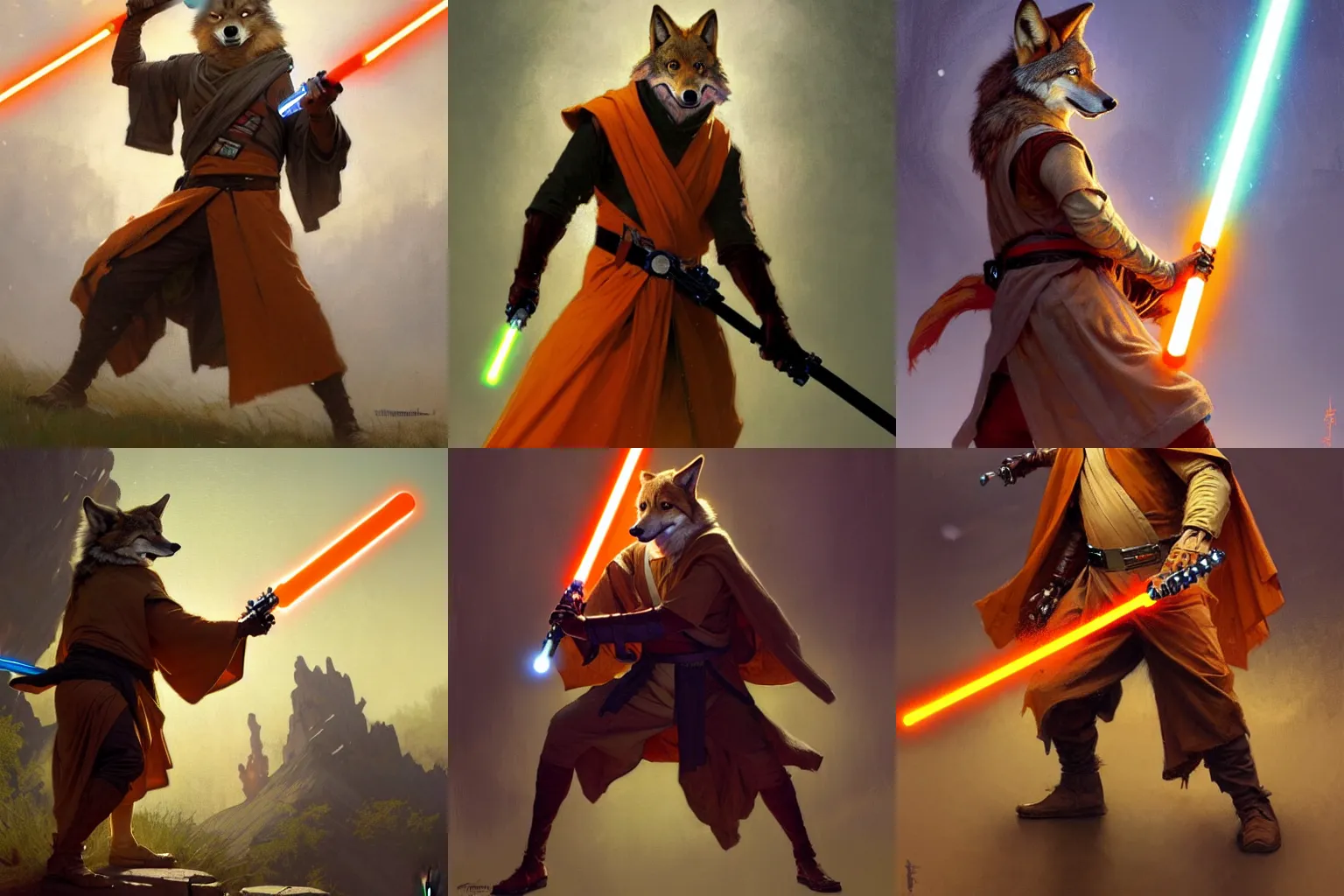 Prompt: anthropomorphic coyote wearing Jedi robes and wielding an orange lightsaber in a combat stance. Renowned character illustration by greg rutkowski, thomas kindkade, alphonse mucha, loish, norman rockwell. Trending on Artstation.