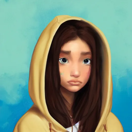 Prompt: young Latin girl with a beige hoodie, shy, focus on face, still, photograph, digital painting, trending on artstation, masterpiece, in the style of JB Casacop, pixar