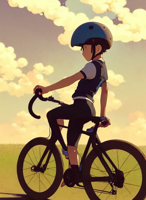 Prompt: portrait of cute girl riding gravel bike, sunny sky background, dusty landscape, illustration concept art anime key visual trending pixiv fanbox by wlop and greg rutkowski and makoto shinkai and studio ghibli and kyoto animation, symmetrical facial features, sports clothing, road bike helmet, cycling suit, backlit, aerodynamic frame