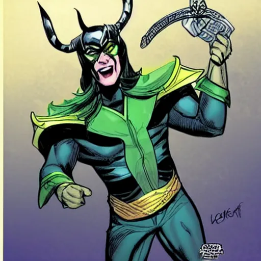 Image similar to this illustration is concept art for the comic book character of loki, the norse god of mischief with an amused expression. drawn by lee garbett, color artist by nolan woodard, and written by al ewing.