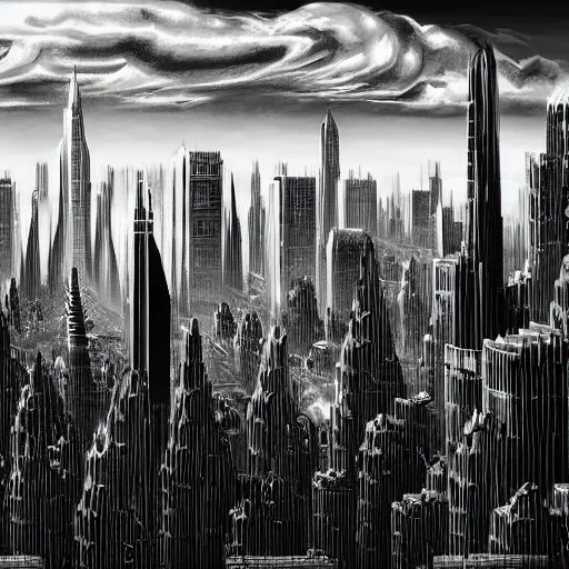 Prompt: Detailed digital painting of a gigantic futurist city, in the style of a metropolis film still, with gigantic clouds visible above the skycrapers, high contrast, slight grain, black and white