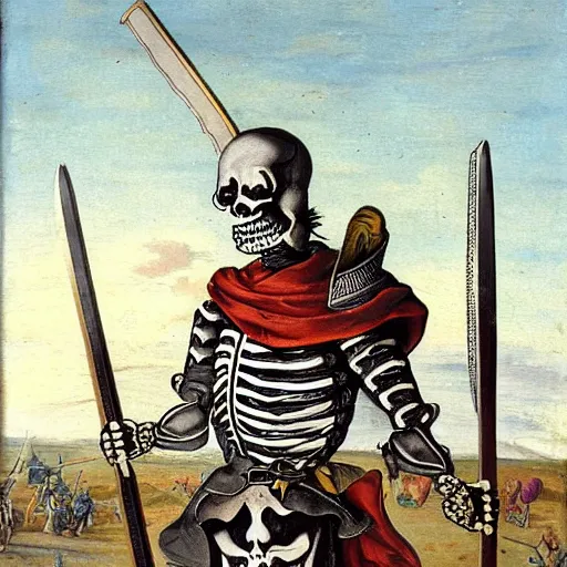 Image similar to skeleton in a colourful landsknechts uniform, wielding a sword, rennaissance painting