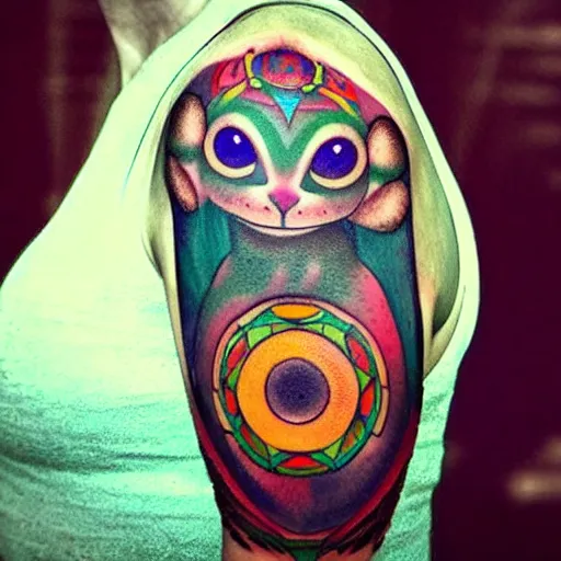 Prompt: shoulder tattoo of a cute bush baby with trippy eyes and glowing multicolored chakra symbols, meditative, insanely integrate