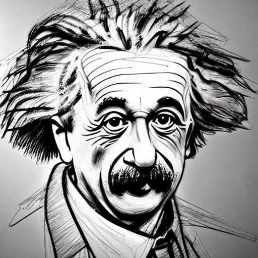 Prompt: a realistic yet scraggly portrait sketch of the side profile of albert einstein, trending on artstation, intricate details, in the style of frank auerbach, in the style of sergio aragones, in the style of martin ansin, in the style of david aja, in the style of mattias adolfsson