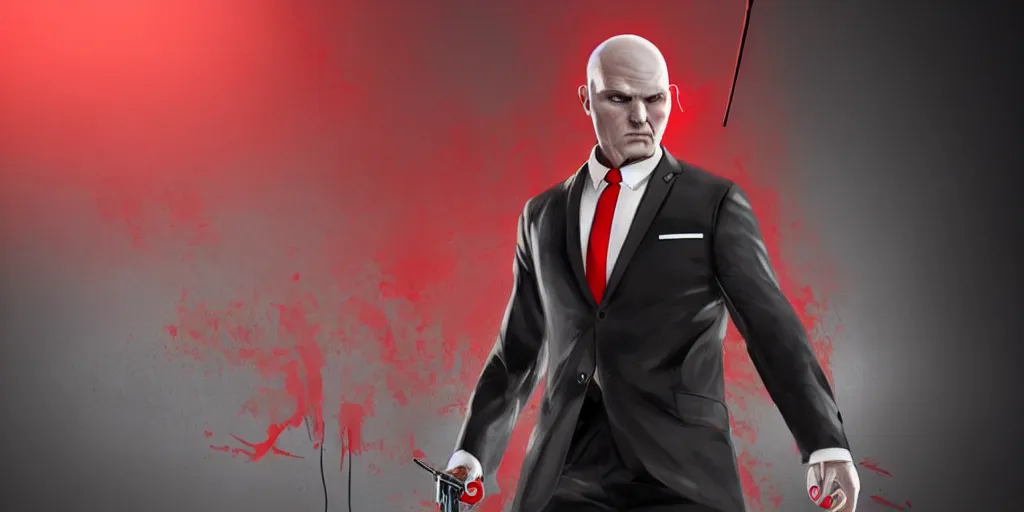 Image similar to agent 4 7 from hitman wearing headphones, dark background, red rim light, highly detailed, smooth, sharp focus, art by ali kiani amin