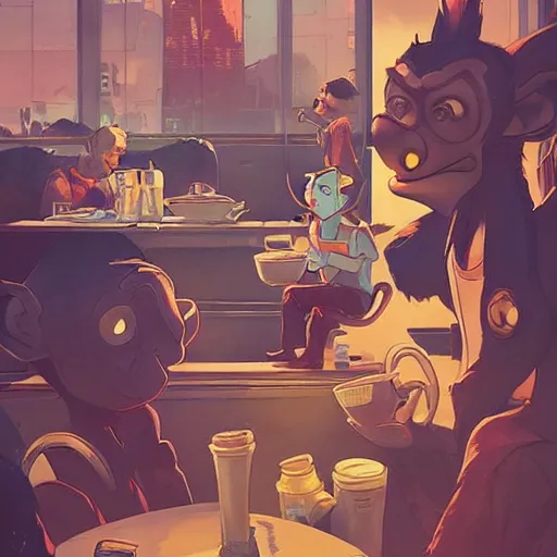 Image similar to cartoon monkeys drinking coffee, behance hd artstation by jesper ejsing, by rhads, makoto shinkai and lois van baarle, ilya kuvshinov, ossdraws, that looks like it is from borderlands and by feng zhu and loish and laurie greasley, victo ngai, andreas rocha