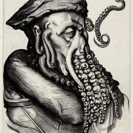 Prompt: A British colonial soldier with an octopus head in the style of Albrecht Dürer, engraving, ink, black and white, 17th century