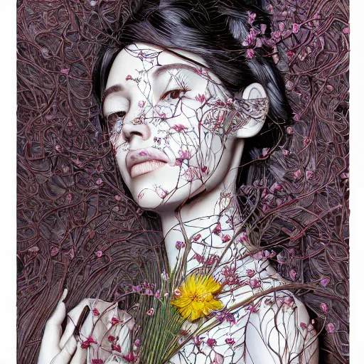 Image similar to the portrait of an incredibly beautiful woman partially made of onions and cherry blossoms, an ultrafine detailed illustration by james jean, final fantasy, intricate linework, bright colors, behance contest winner, vanitas, angular, altermodern, unreal engine 5 highly rendered, global illumination, radiant light, detailed and intricate environment