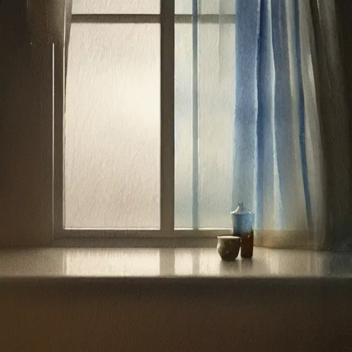 Prompt: a blue moody watercolor, rain on window, raindrops on glass, bed reflected, highly detailed, digital painting, artstation, concept art, smooth, sharp focus, dynamic lighting by delphin enjolras, ultrarealistic, cinematic, octane render, 8 k