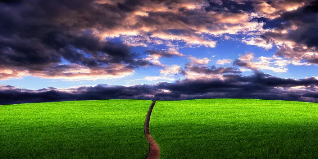 Prompt: a highly detailed 4 k photograph of the windows xp bliss wallpaper with white pathway leading to the glowing pearly gates - winning photoshop creation. h 5 7 6