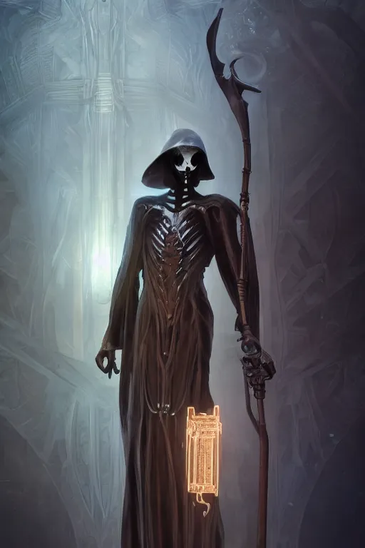 Image similar to art deco jugendstil grim reaper, hyper detailed, bioluminescent, background fortress, digital art, trending in artstation, cinematic lighting, studio quality, smooth render, unreal engine 5 rendered, octane rendered, art style by ian sprigger and cushart and archan nair, jack kirby and simon bisley, physically based rendering