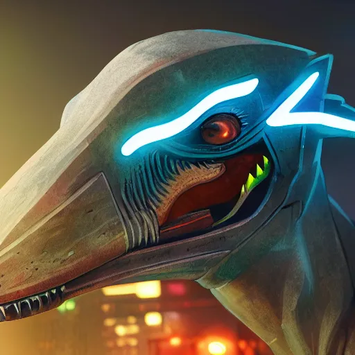 Prompt: close view matte painting of a velociraptor in modern helmet, mechanical bridges on the background, neon glow concept art, smooth, sharp focus, illustration, cyberpunk 2077, neuromancer, scifi, photorealistic, octane render, 8k