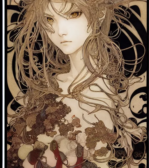 Image similar to yoshitaka amano anime painting, intricate line drawings, pen and ink, alphonse mucha, claire wendling, kentaro miura, ruan jia