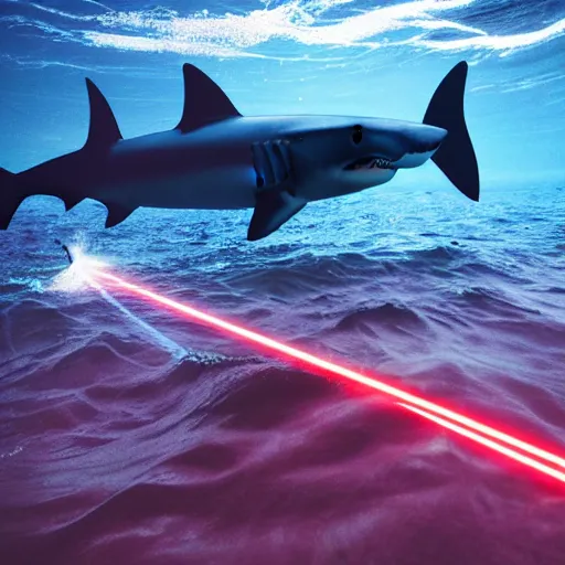 Prompt: photo of a robot shark with a laser on it's head