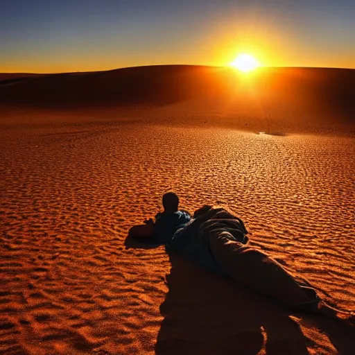 Image similar to a photo a Ghandi sleeping rough in the Sahara a sunrise, perfect lighting