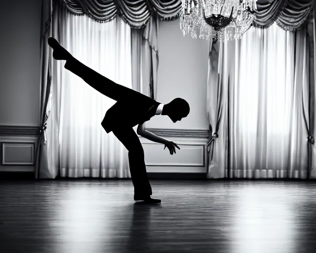 Prompt: waltz dancer bowing in a ballroom, realistic, award winning photograph