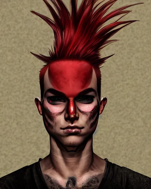 Image similar to young man with a short red mohawk, red irises and a slim face, piercings, dressed in crustpunk clothing, headshot, attractive, handsome, model, trending on artstation, high quality art, character design, realism art, award winning art, in color, no makeup, no tattoos