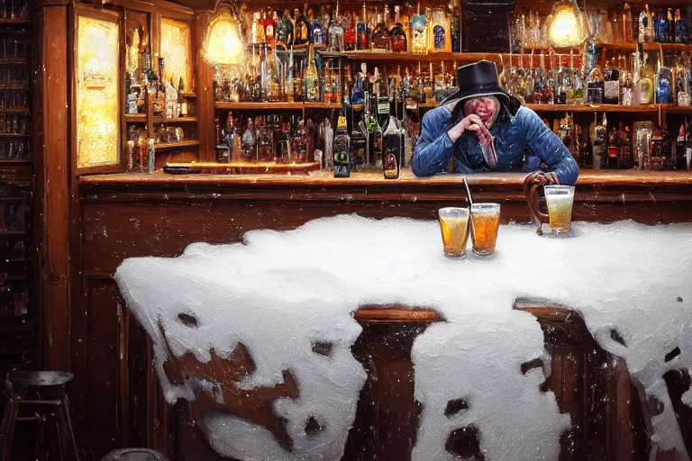 Prompt: highly detailed painting of a snow - covered cowboy in a bar, stephen bliss, 8 k hdr, unreal engine, by greg rutkowski, loish, rhads, artgerm, ferdinand knab, makoto shinkai and lois van baarle, ilya kuvshinov, rossdraws, tom bagshaw, backlit bokeh detailed intricate environment