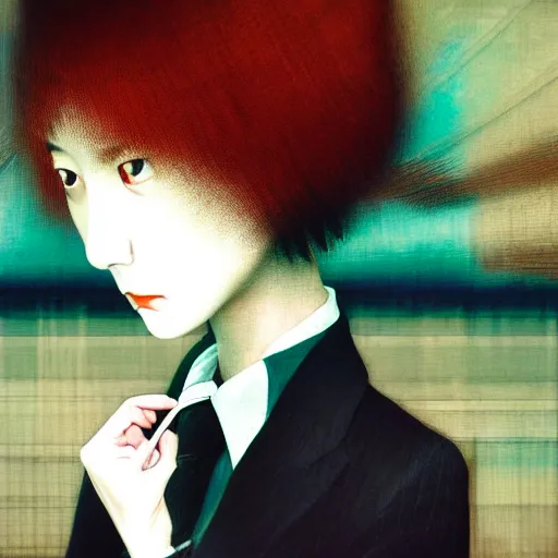 Image similar to yoshitaka amano blurred and dreamy realistic three quarter angle portrait of a young woman with short hair and black eyes wearing office suit with tie, junji ito abstract patterns in the background, satoshi kon anime, noisy film grain effect, highly detailed, renaissance oil painting, weird portrait angle, blurred lost edges