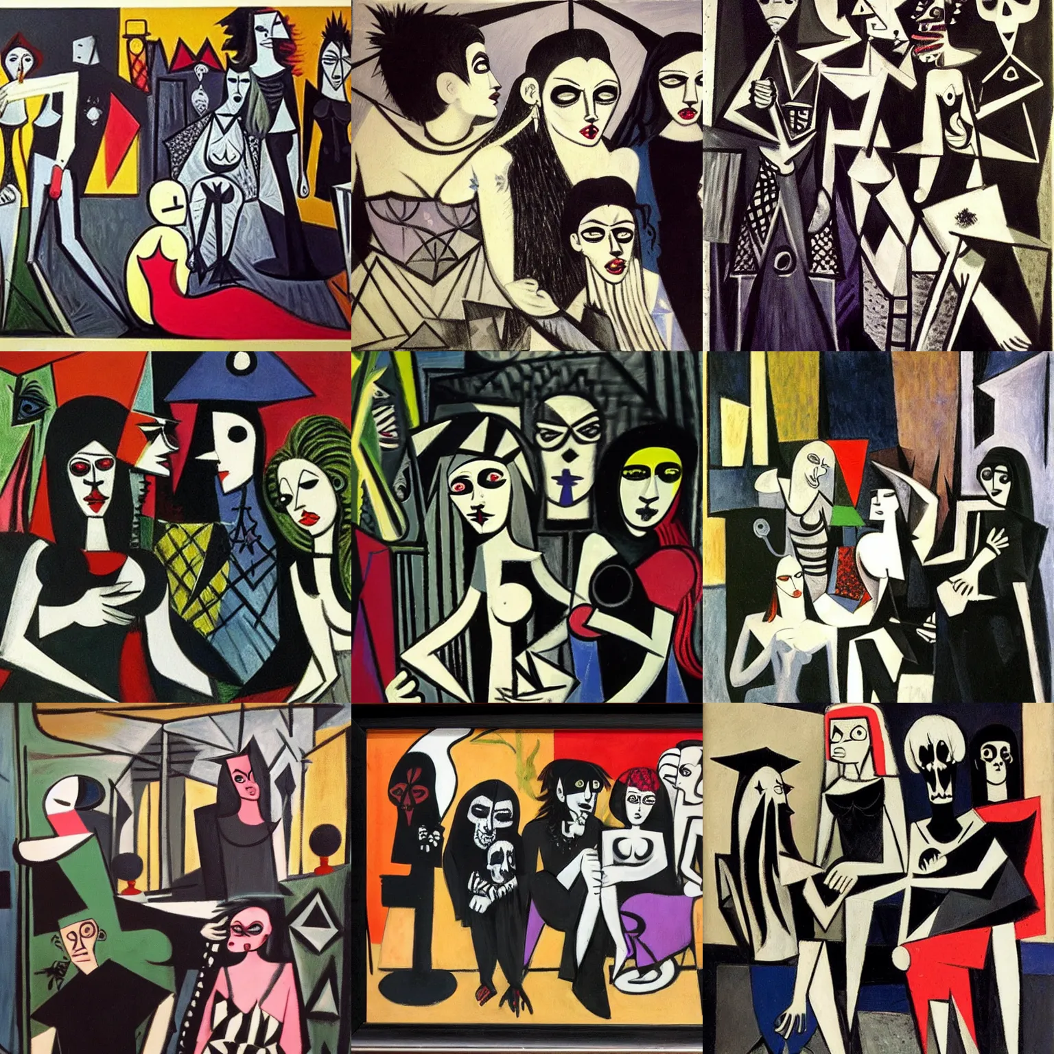 Prompt: Some goths hanging out at a Hot Topic store in the mall, painted by Pablo Picasso