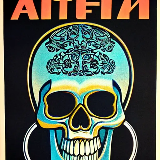 Image similar to 1 9 7 0 s airbrushed poster featuring art deco chrome skull, key light, intricate ornamental designs