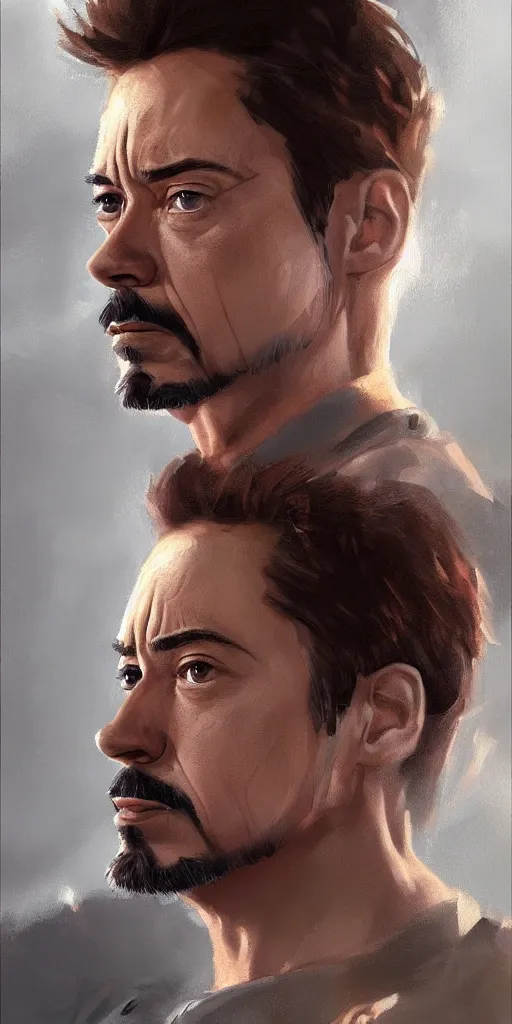 Image similar to concept art of tony stark, head and shoulders shot, cinematic shot, oil painting by jama jurabaev, extremely detailed, brush hard, artstation, high quality, brush stroke