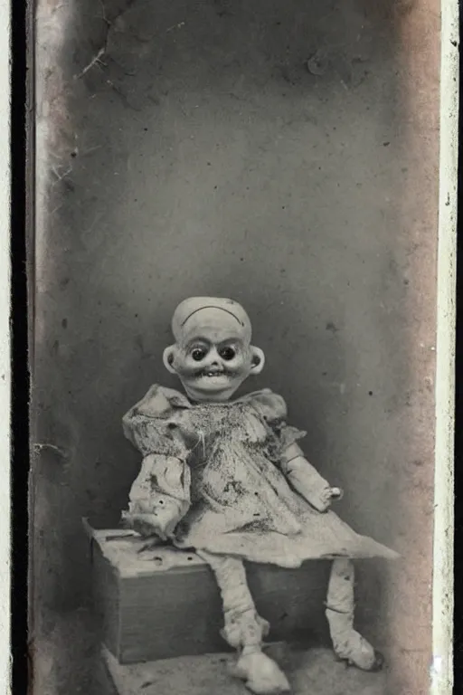 Image similar to dirty cracked crying vintage evil bald doll sitting in dirt basement cobwebs tintype photo