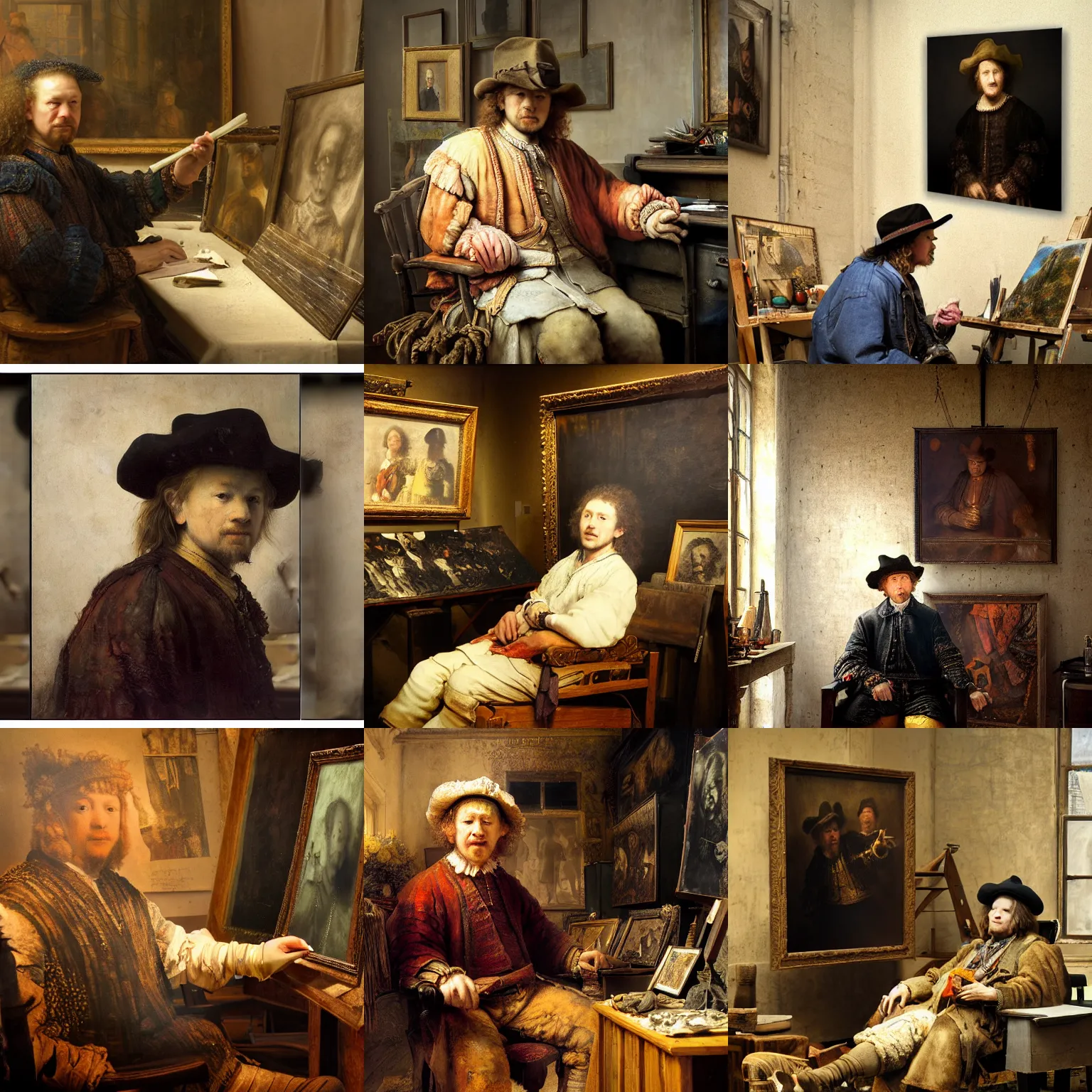 Prompt: a photorealistic photograph of rembrandt at his studio. rembrandt is working on a canvas painting of young axl rose. axl rose is sitting in front of him. film still, vibrant colors. this 4 k hd image is trending on artstation, featured on behance, well - rendered, extra crisp, features intricate detail, epic composition and the style of unreal engine.