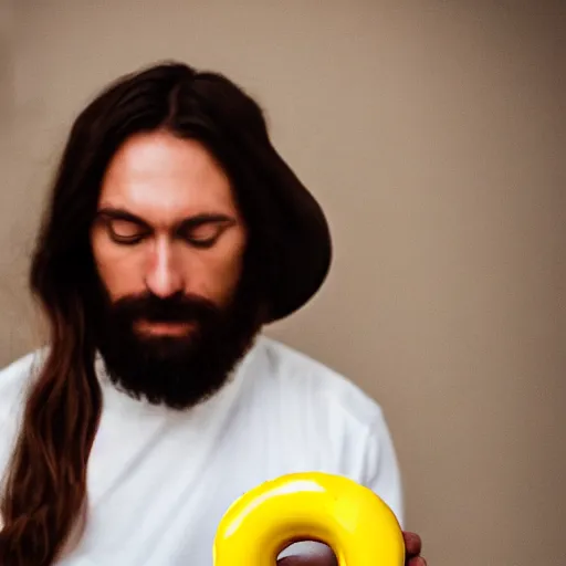 Prompt: 8k photography from Jesus with a yellow Donut on head