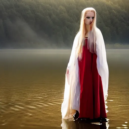 Prompt: a stunning painting of a beautiful lady with white long hair and dressed with a red victorian cloak, standing in a lake, mist, morning light, dreamy atmosphere, cinematic