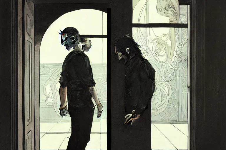 Image similar to hyper realistic portrait of thom yorke singer songwriter, side, opening a door, reflections, by lee bermejo, alphonse mucha and greg rutkowski