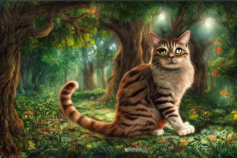 Prompt: a cat in a forest, highly detailed, digital art, trending on artstation, backlighting, by kawacy, by wayne mclouglin, by don bluth, by ken sugimori, by louis wain, fan art