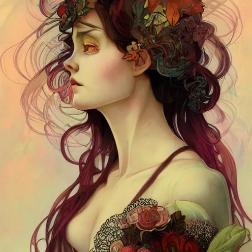 Prompt: a portrait in the style of anna dittmann and loish and alphonse mucha.