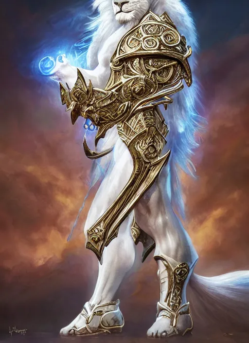 Image similar to anthropomorphized white lion paladin casting magic bright light spell, heroic pose, concept art, insanely detailed and intricate, hypermaximalist, elegant, ornate, hyper realistic, super detailed, art deco, cinematic, trending on artstation, magic the gathering artwork