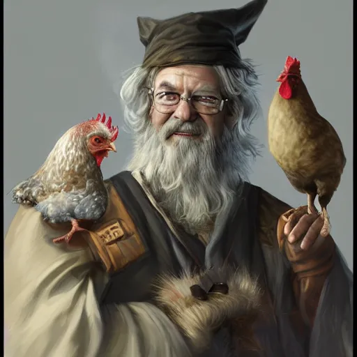 Prompt: a portrait of a wizard with his pet chicken by Johan Grenier, ArtStation, realistic, detailed