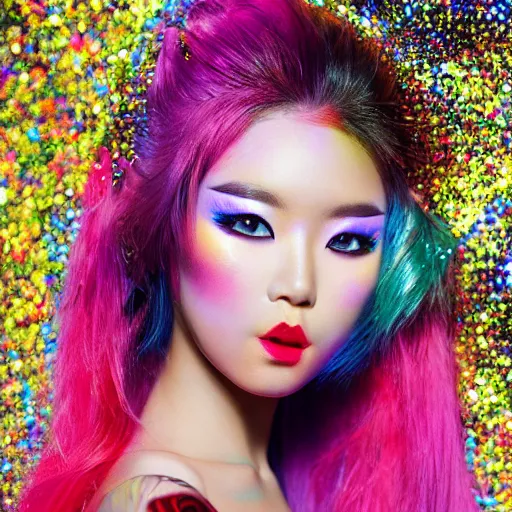 Prompt: japanese model with maximalist hair style and makeup, bright colors, fashion model, portrait shot, glitter, depth of field, 8 k, hyper detailed, intricate, trending on artstation