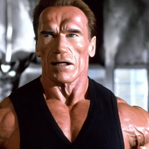 Prompt: A still of Arnold Schwarzenegger as Voldemort from Harry Potter