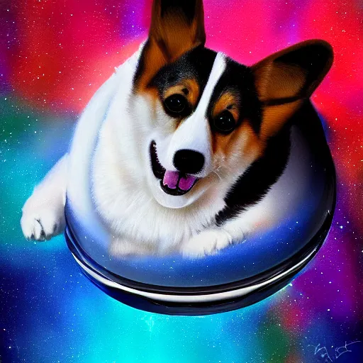 Image similar to surreal digital painting of a corgi floating in space