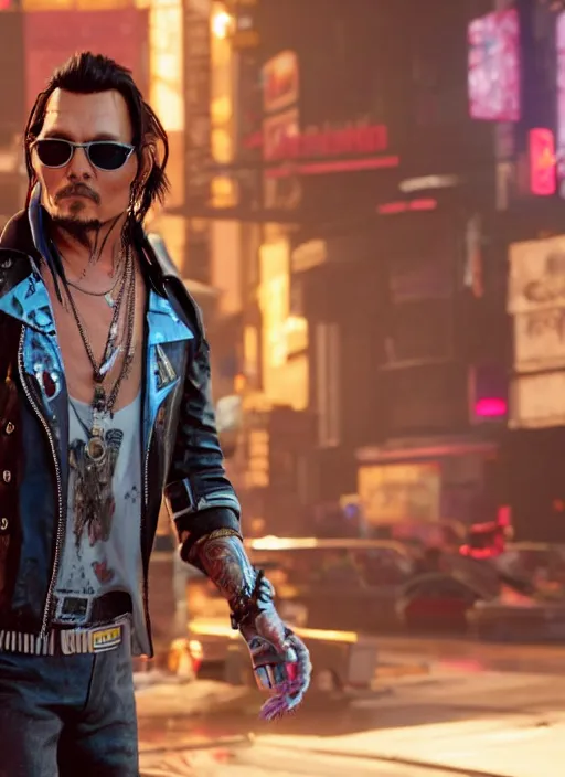 Prompt: film still of Johnny Depp as Johnny Silverhand in Cyberpunk 2077, gameplay, 8k, HD