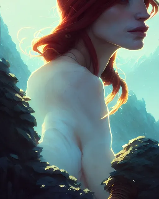 Prompt: portrait of jessica chastain, unreal engine, fantasy art by greg rutkowski, loish, rhads, ferdinand knab, makoto shinkai and lois van baarle, ilya kuvshinov, rossdraws, tom bagshaw, global illumination, fan art, radiant light, detailed and intricate environment