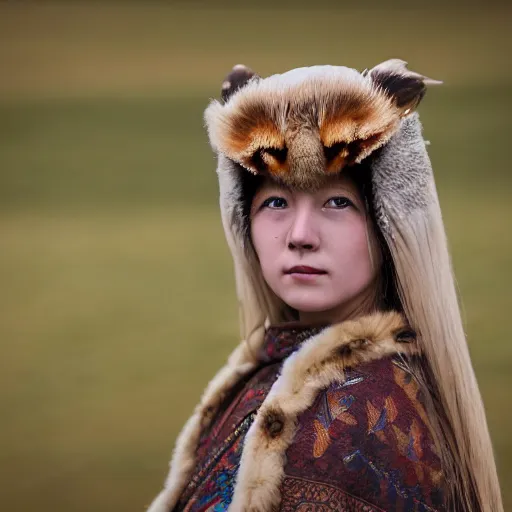 Prompt: symmetry!! portrait photograph shot on petzval lens of an extremely beautiful!!!! young blonde female with symmetric face. with a very detailed barn owl!!!!! on her shoulder. wearing mongolian traditional outfit in iceland. shallow depth of field. featured on flickr, art photography,