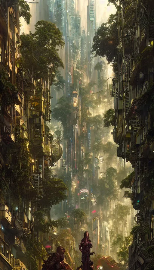 Image similar to hyper realistic cyberpunk city, overtaken by lush plants, gnarly trees by tom bagshaw, mucha, gaston bussiere, craig mullins, j. c. leyendecker 8 k