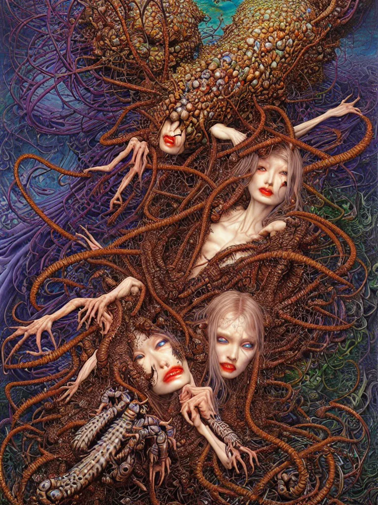 Prompt: realistic detailed image of Monstrosity Mega God of Cocoon Bodies covered in spiders and centipedes by Lisa Frank, Ayami Kojima, Amano, Karol Bak, Greg Hildebrandt, and Mark Brooks, Neo-Gothic, gothic, rich deep colors. Beksinski painting, part by Adrian Ghenie and Gerhard Richter. art by Takato Yamamoto. masterpiece