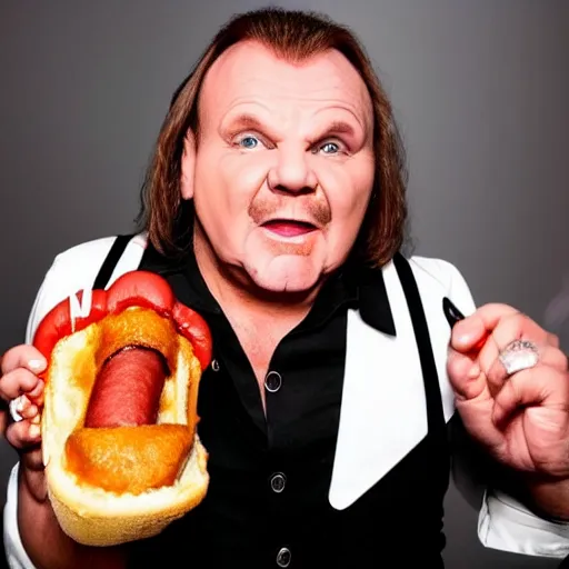 Prompt: meatloaf the singer eating a hot dog