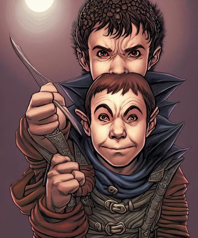 Prompt: a ( fantasy comic ) ( cover art ) portrait of a halfling burglar who looks like ( rick moranis ), digital illustration by jenny frison and sana takeda and kentaro miura, fine inking lines, dnd, highly detailed!, hd, 4 k, trending on artstation