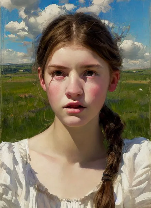 Image similar to portrait of girl dressed in white clothes , countryside, country style, country house, fantasy character portrait, dynamic pose, above view, view from above, sunny day, thunder clouds in the sky, artwork by Jeremy Lipkin and Giuseppe Dangelico Pino and Michael Garmash and rob rey, very coherent symmetrical artwork, perfect face, simple form, 100mm